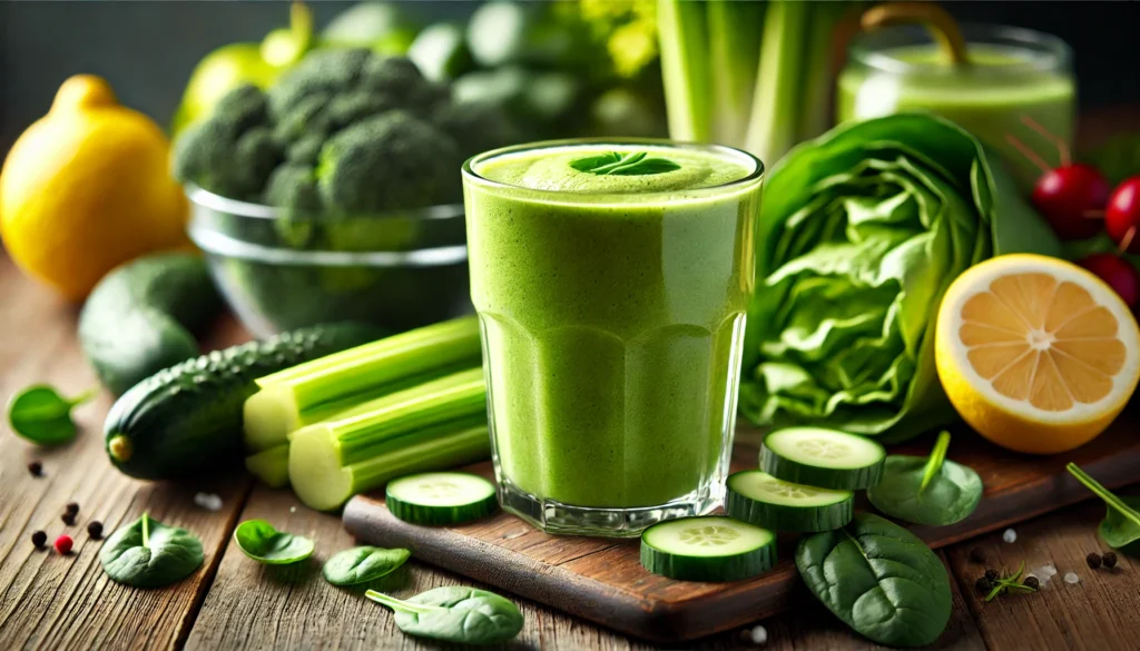 A refreshing green smoothie in a clear glass, surrounded by kale, spinach, celery, cucumber, and lemon, sitting on a wooden surface with a blurred background of fresh produce