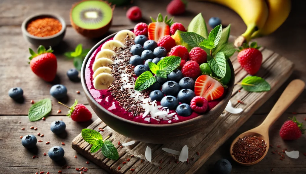 A colorful smoothie bowl filled with detox-friendly ingredients like berries, banana, flaxseeds, and coconut, garnished with fresh mint leaves, placed on a rustic wooden table with scattered ingredients