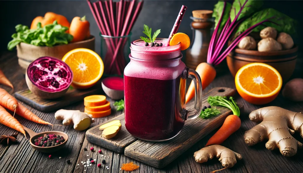 A glass mason jar containing a rich detoxifying smoothie made with beetroot, ginger, carrots, and oranges, with a straw inserted, placed on a rustic wooden table with fresh ingredients around it
