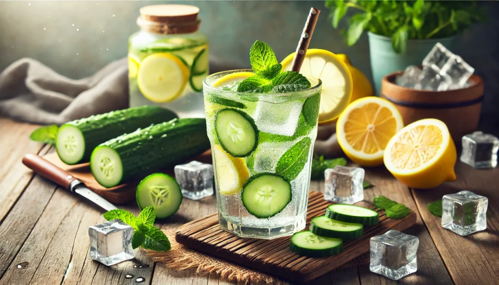 A refreshing detox drink made with cucumber, lemon, and mint, served in a glass with ice. Fresh ingredients like sliced lemons, cucumbers, and mint leaves are arranged on a rustic wooden table, with soft natural lighting emphasizing hydration and freshness