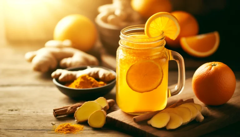 A vibrant detox drink infused with ginger, turmeric, and orange slices, presented in a clear glass jar. Fresh turmeric roots, ginger slices, and oranges are arranged on a wooden surface, with warm sunlight enhancing the natural, soothing ambiance