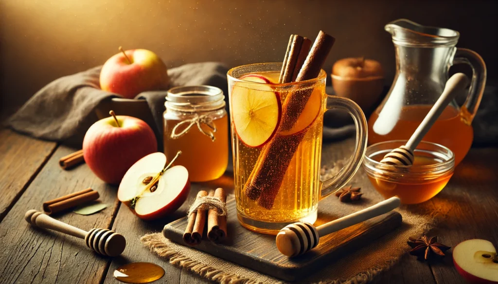 A revitalizing detox drink with apple cider vinegar, honey, and cinnamon sticks in a tall glass. The drink’s rich amber color is highlighted on a rustic wooden table, surrounded by fresh apple slices, cinnamon sticks, and a honey dipper, creating a warm, earthy feel