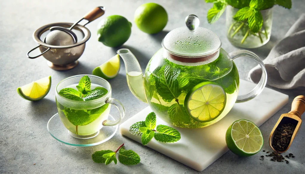A crisp detox drink featuring green tea, lime, and fresh mint leaves, served in a glass teapot with a matching cup. A marble countertop holds whole limes, mint sprigs, and a tea strainer, with soft natural daylight filtering through to enhance the refreshing aesthetic