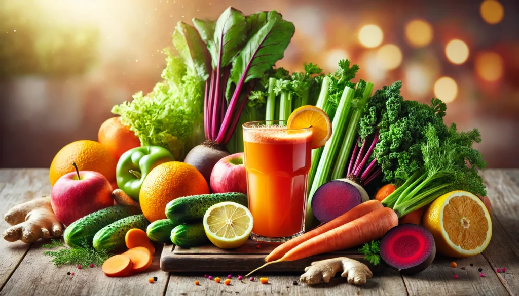 A vibrant assortment of fresh fruits and vegetables ideal for juicing, including oranges, lemons, carrots, beets, ginger, kale, celery, and cucumbers, arranged on a wooden table with a glass of freshly pressed juice in the center