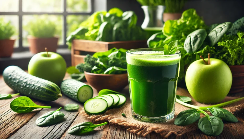 A refreshing green juice cleanse concept featuring a glass of bright green juice surrounded by fresh spinach, kale, cucumber, green apple, and celery, set in a rustic kitchen with natural light streaming through a window
