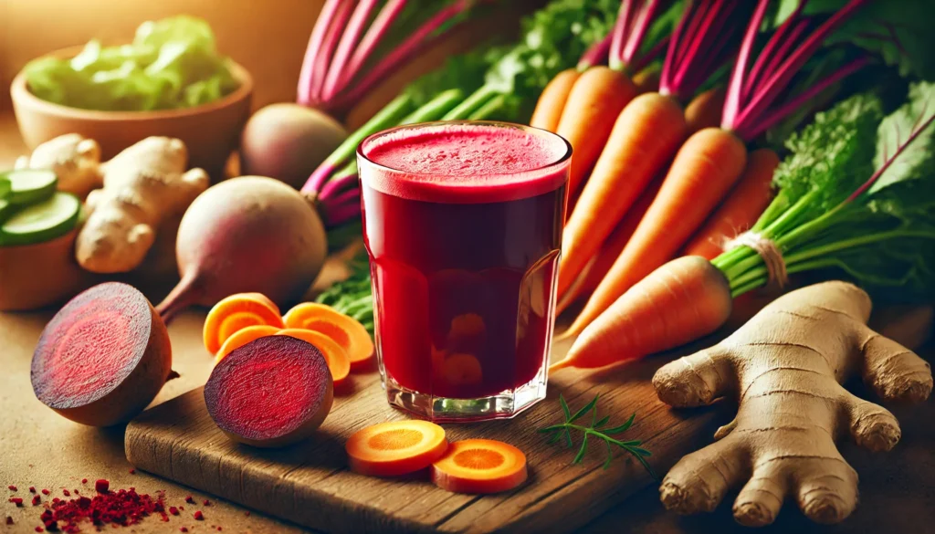 A close-up of a freshly prepared detox juice made from beetroot, carrot, and ginger, placed on a wooden countertop alongside whole beets, sliced carrots, and a piece of ginger root under soft, natural lighting