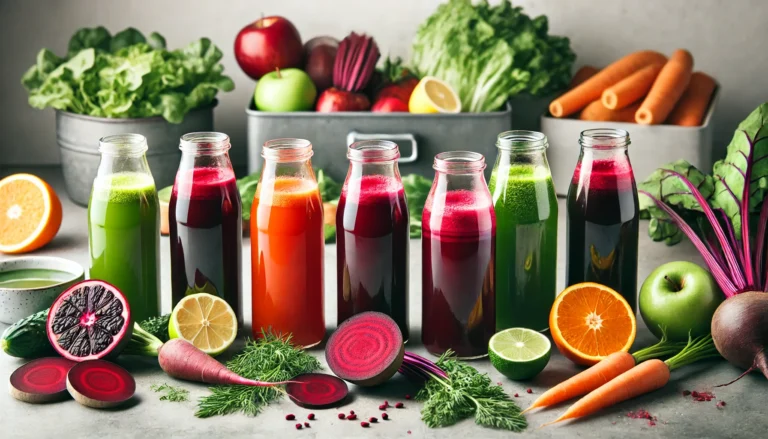 A detox juice preparation scene featuring an array of colorful freshly pressed juices in glass bottles, including deep red beet juice, bright orange carrot juice, and vibrant green detox juice, set in a minimalist kitchen with fresh produce neatly arranged