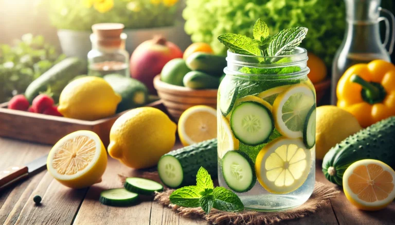 A refreshing detox water with lemon slices, cucumber, and mint in a clear glass jar, placed on a wooden table with fresh ingredients, highlighting a natural way to cleanse and support weight loss