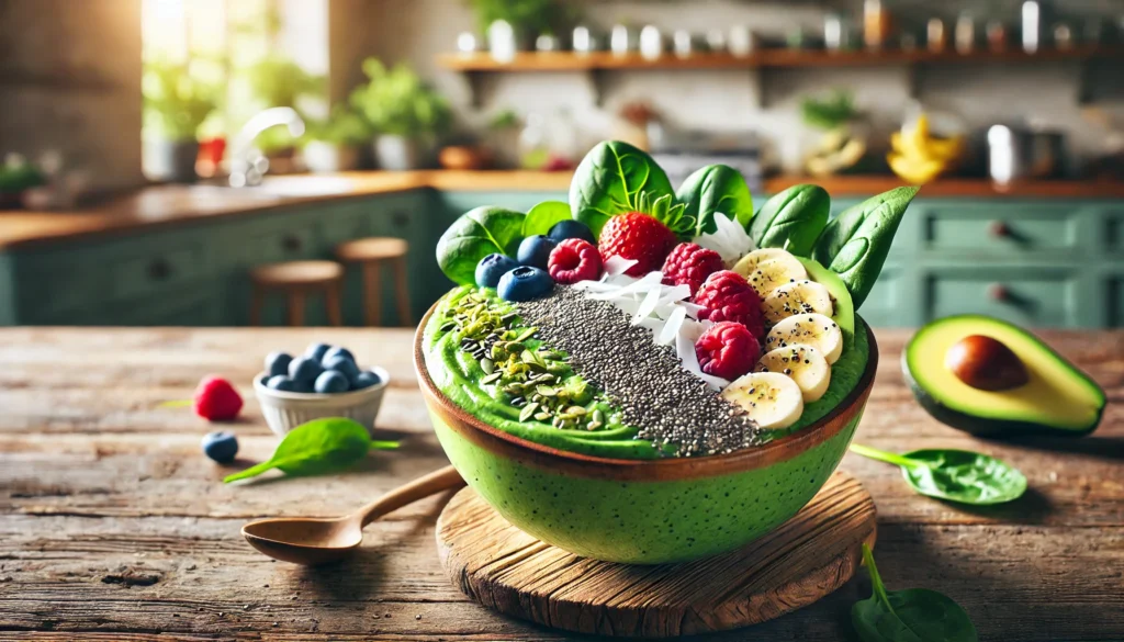 A vibrant green smoothie bowl made with spinach, avocado, and banana, topped with chia seeds and berries, presented in a rustic setting to emphasize nutrient-rich detox meals