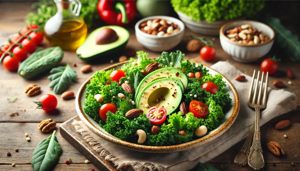 A beautifully arranged detox salad featuring kale, avocados, cherry tomatoes, and nuts, drizzled with a light dressing, symbolizing a healthy and clean eating approach for belly fat reduction