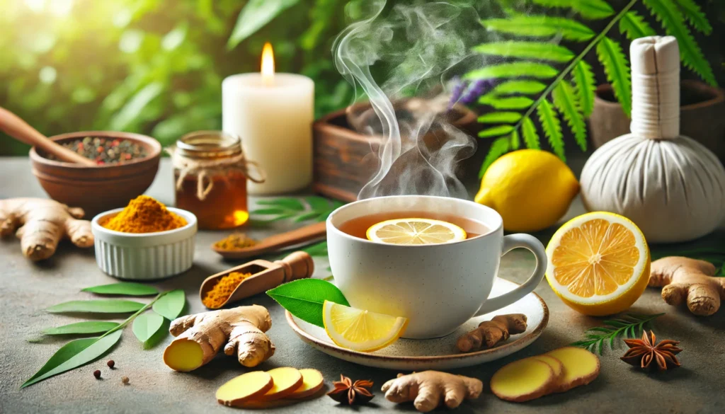 A peaceful spa-like setting with a steaming cup of detox herbal tea, surrounded by fresh ginger, turmeric, and lemon slices, creating a relaxing and natural cleansing atmosphere