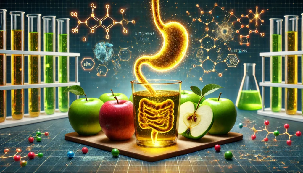 A futuristic digital illustration of fresh apples transforming into golden apple juice, with molecular structures symbolizing nutrients and a glowing digestive system overlay in a high-tech laboratory setting