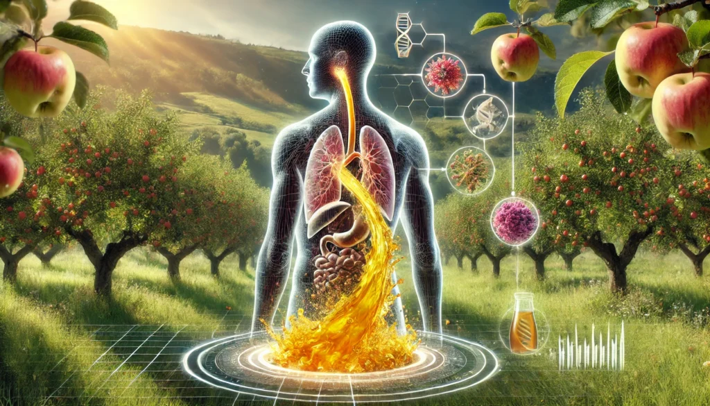 A conceptual representation of apple juice's detoxifying effects, showing a golden stream flowing through a transparent human silhouette, cleansing the digestive tract and liver, set against an apple orchard backdrop