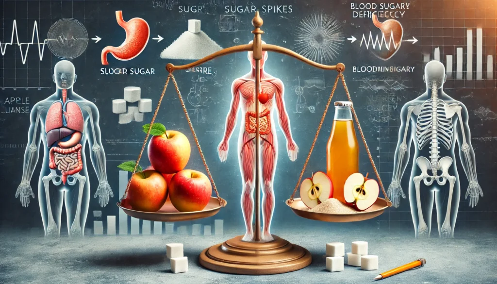 A visual balance scale depicting the benefits and risks of an apple juice cleanse, with fresh apples and juice on one side, and sugar cubes, blood sugar spikes, and nutrient deficiencies on the other, in a clinical research setting