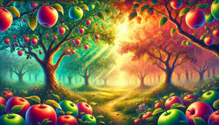 A vibrant and enchanting digital illustration of an apple forest with lush trees bearing bright red, green, and yellow apples. The background features a dreamy blend of warm and cool tones, including shades of pink, orange, blue, and green, creating a magical atmosphere. Sunlight filters through the dense foliage, casting a golden glow over the soft grassy ground, which is sprinkled with fallen apples. A gentle mist adds a whimsical touch, enhancing the serene and mystical feel of the scene