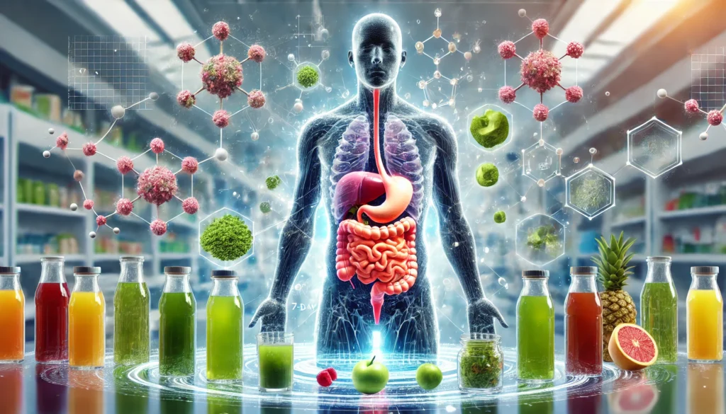 A futuristic digital illustration of a transparent human body with glowing digestive organs, surrounded by liquid elements such as water, green juices, and herbal teas. Molecular structures of vitamins and electrolytes float around, emphasizing the science behind nutrient absorption during a 7-day liquid fast