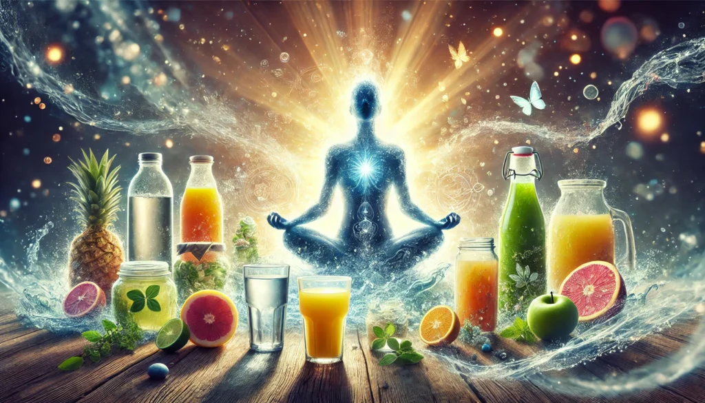 An artistic depiction of the benefits of a 7-day liquid fast, featuring a meditating person surrounded by glowing liquids like herbal teas and fresh juices. Their body radiates energy, symbolizing detoxification, hydration, and mental clarity, set against a soft, ethereal background