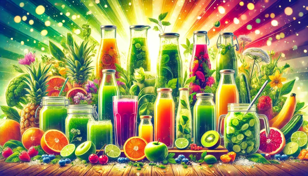 A vibrant digital illustration showcasing an assortment of liquid fasting beverages, including smoothies, herbal teas, green juices, and broths in beautifully lit glass containers. The background is a bright mix of fresh fruits, vegetables, and herbs, emphasizing nourishment, hydration, and health benefits