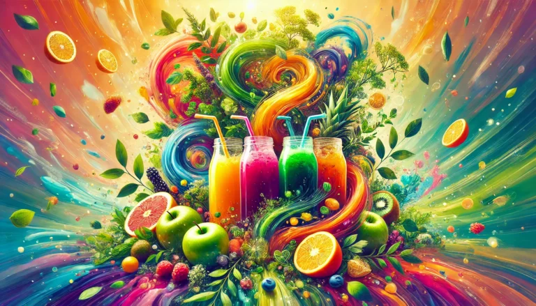A dynamic and colorful abstract digital artwork representing a detoxifying liquid fast. The image features swirling, vibrant liquids like fresh juices and infused waters blending naturally, surrounded by bright fruits, leafy greens, and herbs, symbolizing purity, rejuvenation, and hydration