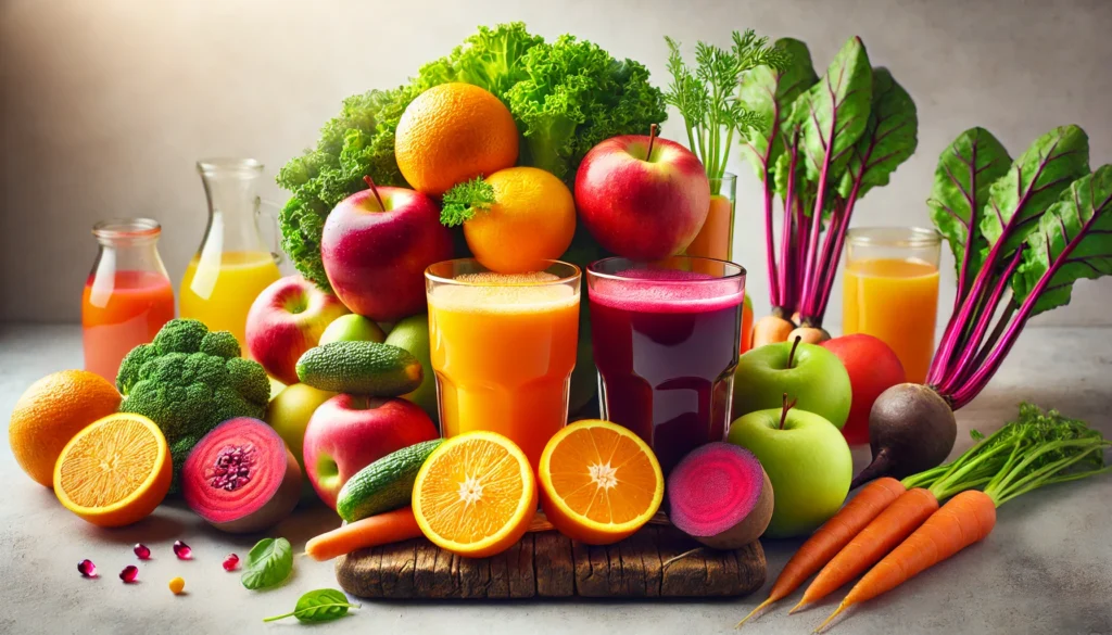 A vibrant composition of fresh fruits and vegetables, including oranges, carrots, apples, kale, and beets, arranged around colorful glasses of freshly pressed juice in a bright kitchen setting, emphasizing freshness and health benefits