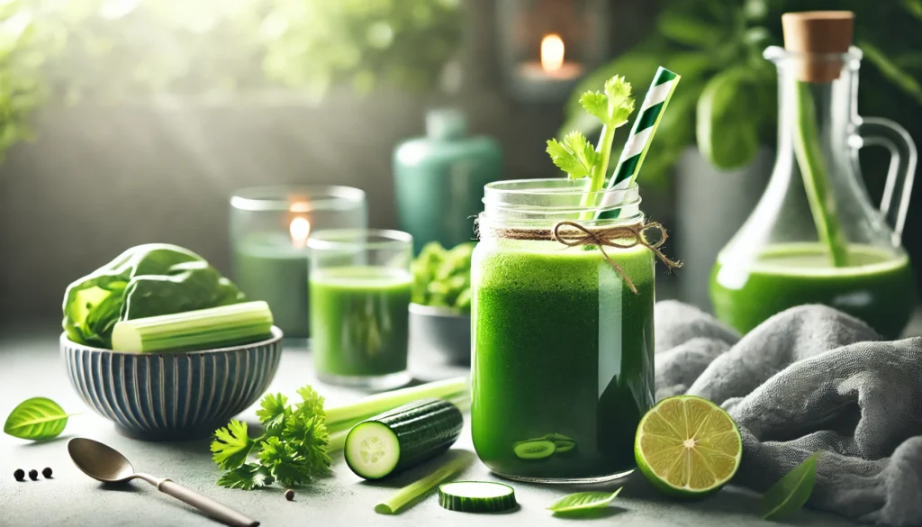 A detoxifying green juice blend made with spinach, cucumber, celery, and lime, set in a spa-like environment with soft natural light, symbolizing cleansing and rejuvenation