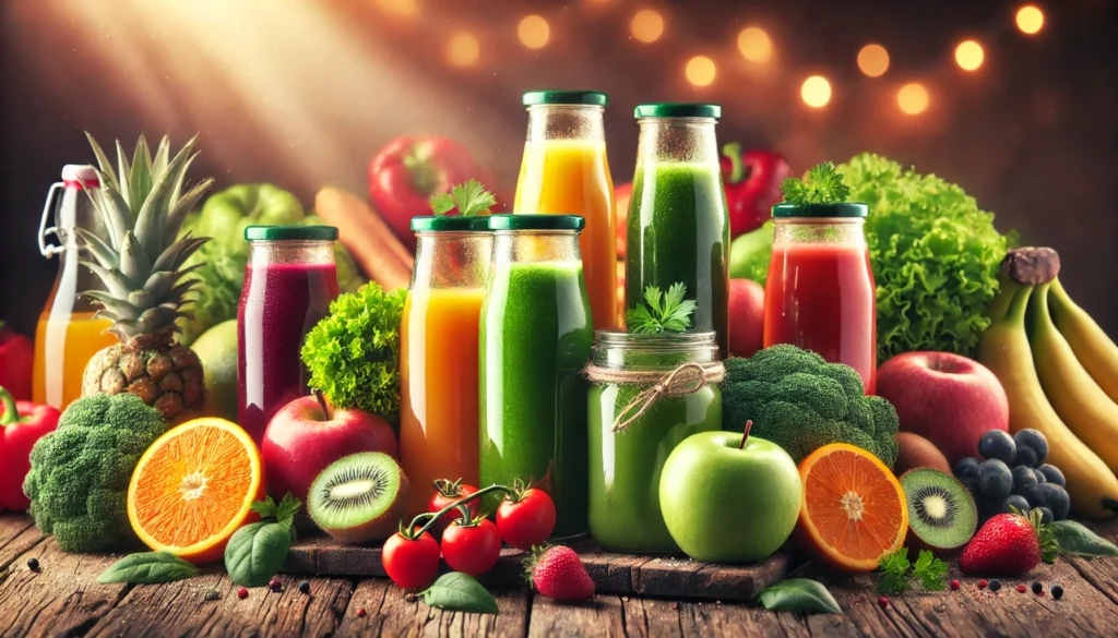 A visually appealing array of colorful fruit and vegetable juices in glass jars, placed on a rustic wooden table surrounded by fresh produce, creating a warm and inviting wellness-focused scene