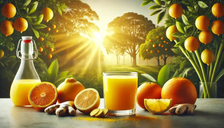 A vibrant glass of yellow-orange juice with fresh oranges, lemons, and ginger arranged on a sunrise-lit kitchen counter. The background features a lush forest with orange trees, bathed in warm golden light, symbolizing vitality, renewal, and the freshness of nature
