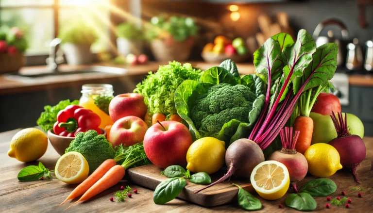 A vibrant display of fresh organic fruits and vegetables, including leafy greens, carrots, apples, and lemons, arranged on a wooden kitchen counter, symbolizing natural detox support and gut health