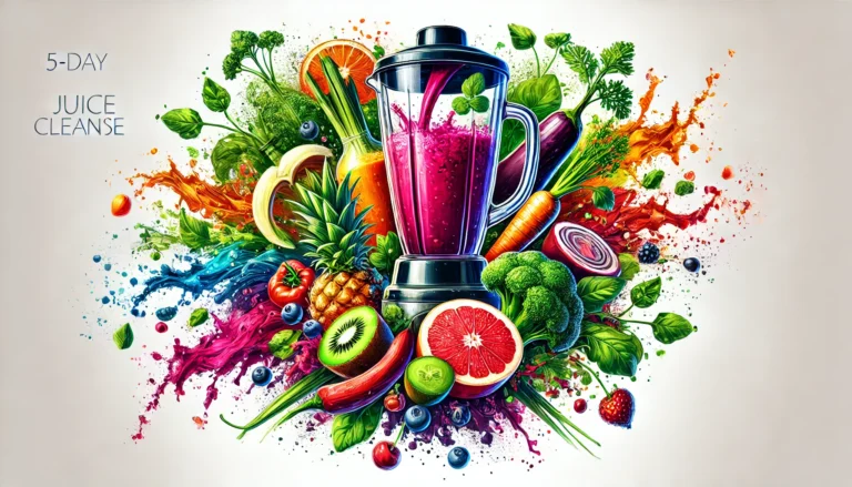 A vibrant composition of fresh fruits and vegetables being blended into colorful juices, with dynamic splash effects symbolizing freshness, vitality, and detoxification