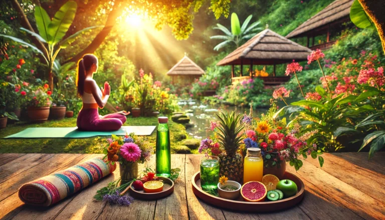 A vibrant and peaceful yoga and wellness retreat scene with a detox focus, featuring a person sitting cross-legged on a yoga mat in a lush green outdoor setting. The surrounding nature is filled with colorful flowers, bright greenery, and a softly glowing sunrise in the background. Nearby, a beautifully arranged tray with detox water, herbal tea, and a variety of fresh fruits sits on a natural wooden surface. The scene radiates energy, tranquility, and inner cleansing, with warm sunlight casting a golden glow over the peaceful setting