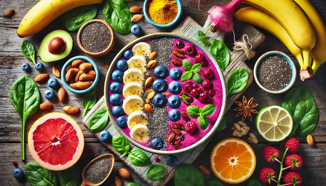 A vibrant detox smoothie bowl topped with berries, chia seeds, sliced bananas, and nuts, surrounded by fresh detox ingredients like spinach, turmeric, and citrus fruits on a rustic wooden table, representing a nourishing 48-hour detox cleanse