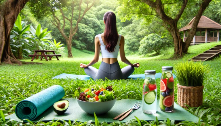 A peaceful outdoor yoga and meditation session in a lush green park, with a woman sitting cross-legged on a yoga mat. Nearby, a water bottle with infused fruits and a bowl of fresh salad symbolize a balanced detox and wellness lifestyle. The setting radiates relaxation and vitality