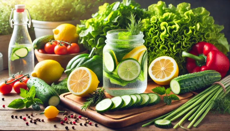 A vibrant detox-themed image showcasing fresh lemons, cucumbers, and leafy greens on a wooden kitchen counter, with a jar of infused detox water glistening with condensation, exuding freshness and hydration