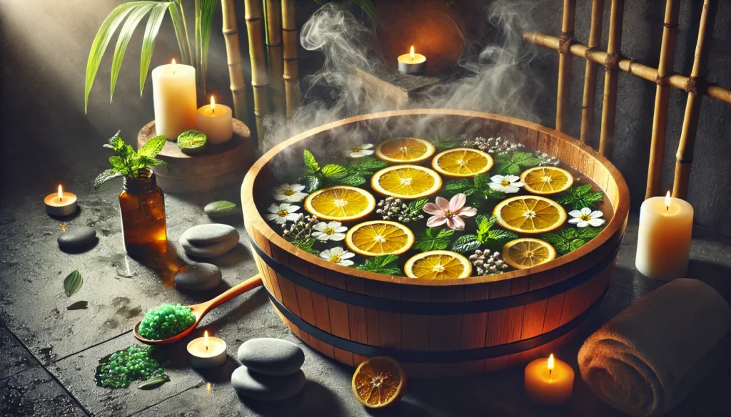 The Ultimate 30-Day Detox Cleanse: Science-Backed Strategies for a Healthier You 1 A serene spa-like scene with a detox bath featuring floating citrus slices, mint leaves, and flowers in a wooden tub, surrounded by soft candlelight, bamboo, and smooth stones, evoking deep relaxation and purification