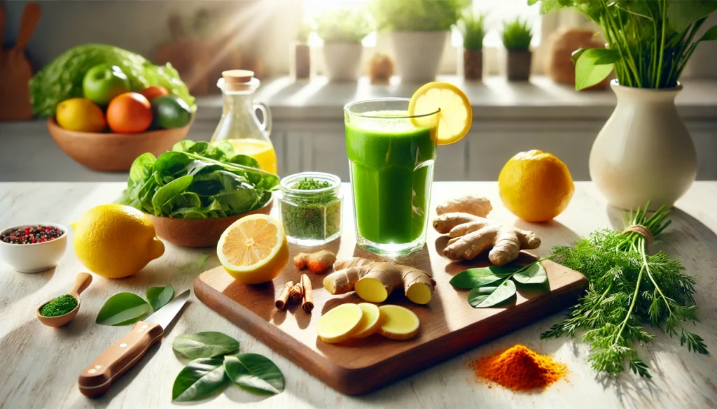 The Ultimate 30-Day Detox Cleanse: Science-Backed Strategies for a Healthier You 2 A bright, modern kitchen with a wooden cutting board showcasing fresh detox ingredients like turmeric, ginger, lemon, and green herbs, alongside a vibrant green detox smoothie, illuminated by warm natural sunlight
