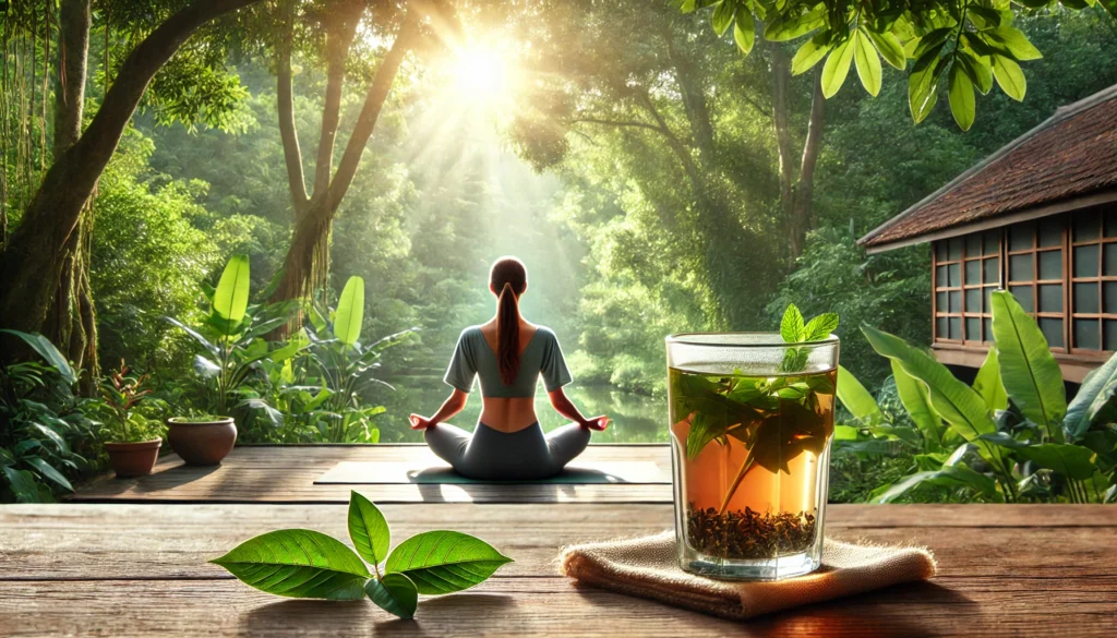The Ultimate 30-Day Detox Cleanse: Science-Backed Strategies for a Healthier You 3 A serene outdoor scene featuring a woman practicing yoga in a lush green setting, bathed in soft morning sunlight, with a glass of herbal detox tea on a wooden surface, symbolizing purification and holistic wellness