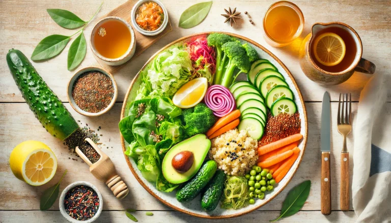 A top-down view of a nutritious detox meal featuring fresh leafy greens, avocado, quinoa, fermented vegetables, and herbal tea on a clean wooden surface, representing a gut-friendly cleanse