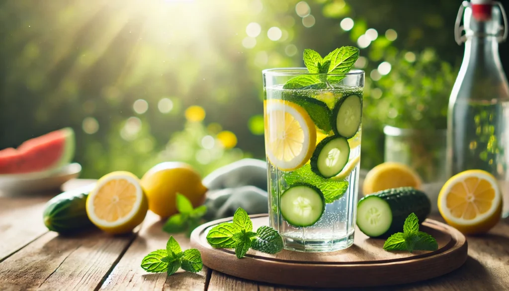 A glass of detox water infused with lemon slices, cucumber, and fresh mint, sitting on a wooden table with a sunlit natural background, symbolizing hydration and digestive cleansing