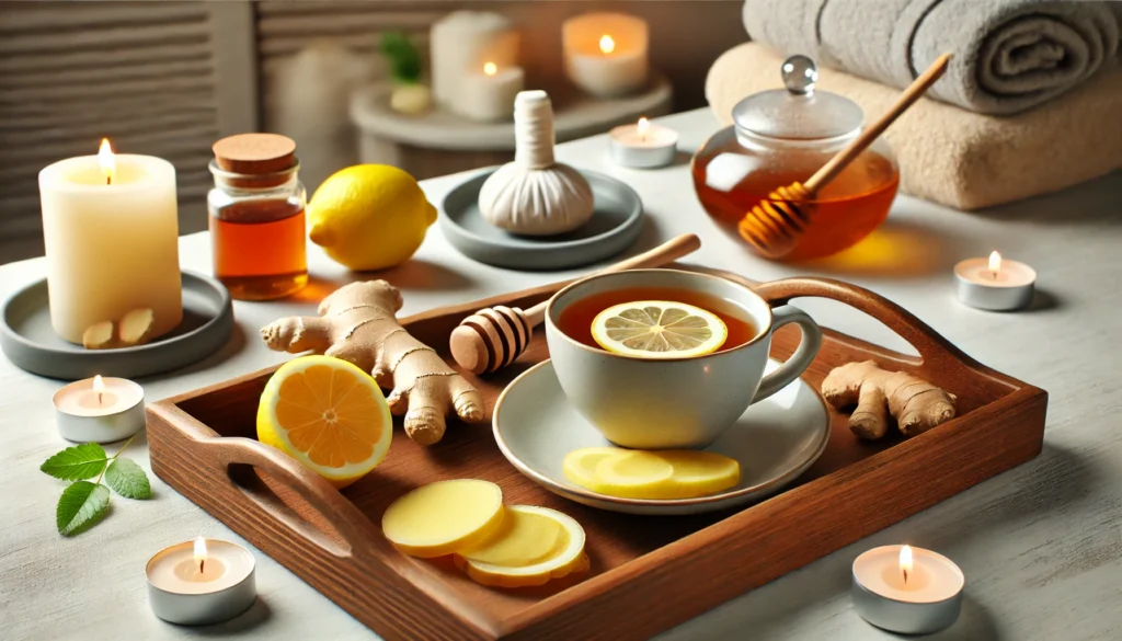 A spa-inspired scene with a wooden tray holding a cup of herbal tea, fresh ginger, lemon slices, and honey, illuminated by soft candlelight, evoking relaxation and digestive wellness