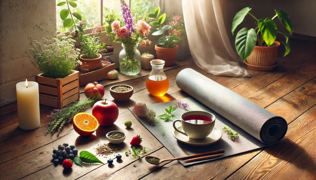 A spa-inspired scene with a wooden tray holding a cup of herbal tea, fresh ginger, lemon slices, and honey, illuminated by soft candlelight, evoking relaxation and digestive wellness