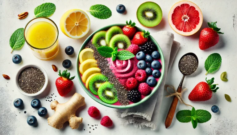 A vibrant detox smoothie bowl with fresh berries, sliced kiwi, and chia seeds, surrounded by detoxifying ingredients like lemon, ginger, and mint on a clean white background, symbolizing a fresh and healthy cleanse