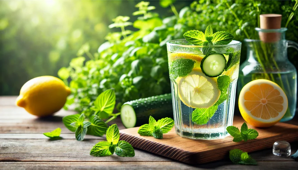 3-Day Detox to Lose 5 Pounds: Safe & Effective Cleanse for Rapid Results 1 A refreshing glass of detox water infused with lemon, cucumber, and mint, placed on a wooden table with fresh green herbs and soft natural light, evoking hydration, cleansing, and rejuvenation