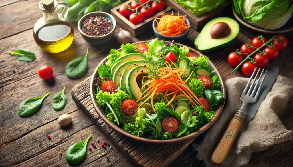 3-Day Detox to Lose 5 Pounds: Safe & Effective Cleanse for Rapid Results 2 A colorful plate of fresh detox salad with leafy greens, avocado, cherry tomatoes, shredded carrots, and a light vinaigrette dressing, arranged on a rustic wooden table, showcasing nutritious whole foods for a healthy cleanse