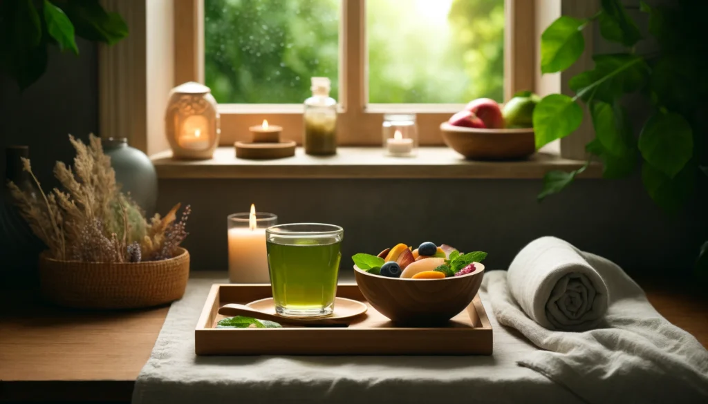 3-Day Detox to Lose 5 Pounds: Safe & Effective Cleanse for Rapid Results 3 A serene spa-like setting with a wooden tray holding a detoxifying green tea, a bowl of mixed fruits, and a candle, near a softly lit window with greenery outside, embodying relaxation, self-care, and the holistic benefits of a detox cleanse
