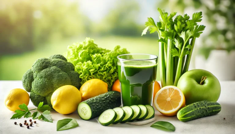 A vibrant arrangement of fresh detox-friendly fruits and vegetables, including lemons, cucumbers, celery, and leafy greens, beside a glass of green juice on a bright kitchen counter, with a softly blurred natural background