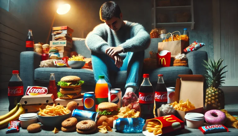 A person sitting on a couch surrounded by fast food, sugary drinks, and processed snacks, appearing tired and sluggish. The cluttered environment highlights unhealthy eating habits that can sabotage a detox