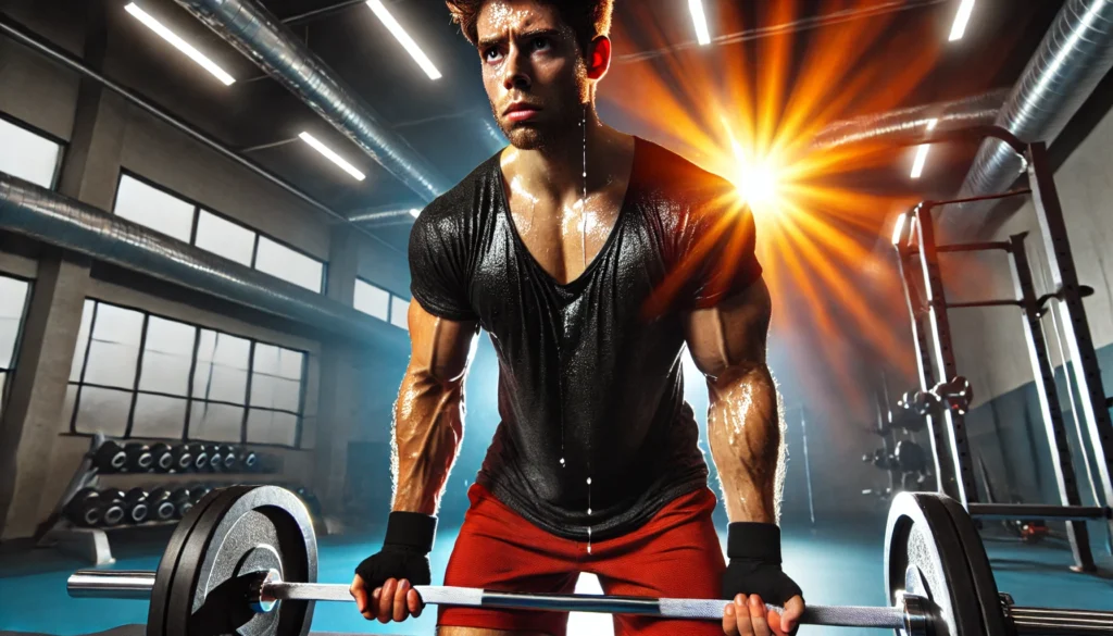 A person in a gym lifting heavy weights, sweating excessively, and looking exhausted. Their strained expression and posture highlight the dangers of over-exercising during a detox