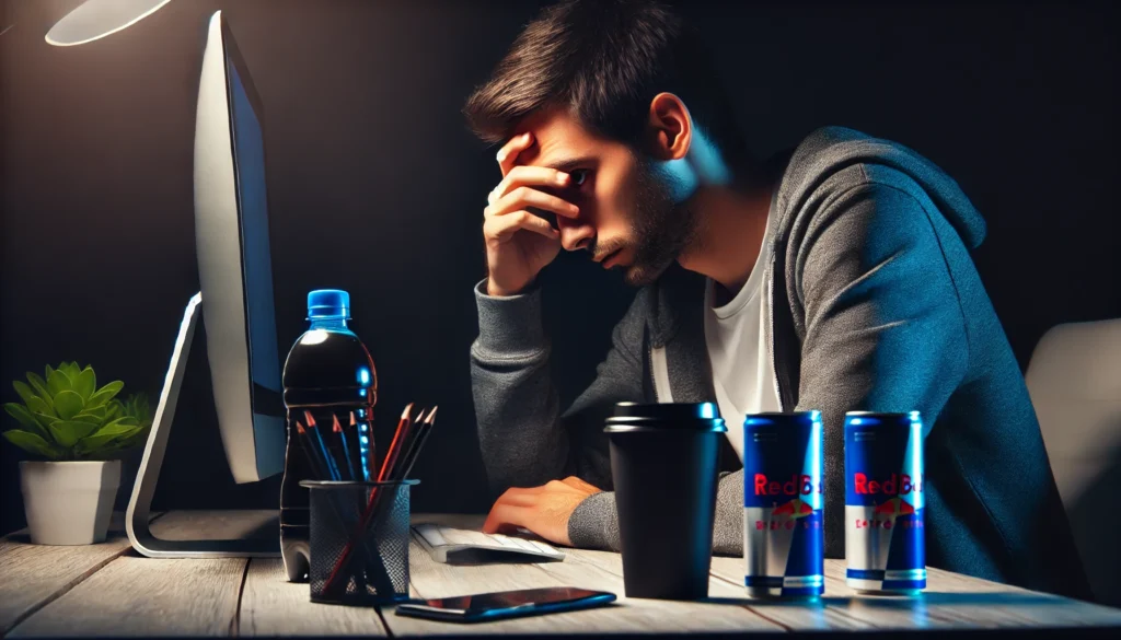 A person sitting at a desk late at night, looking exhausted and stressed, surrounded by coffee and energy drinks. The dimly lit room and computer screen glare highlight sleep deprivation and excessive caffeine intake, both of which can disrupt the detox process