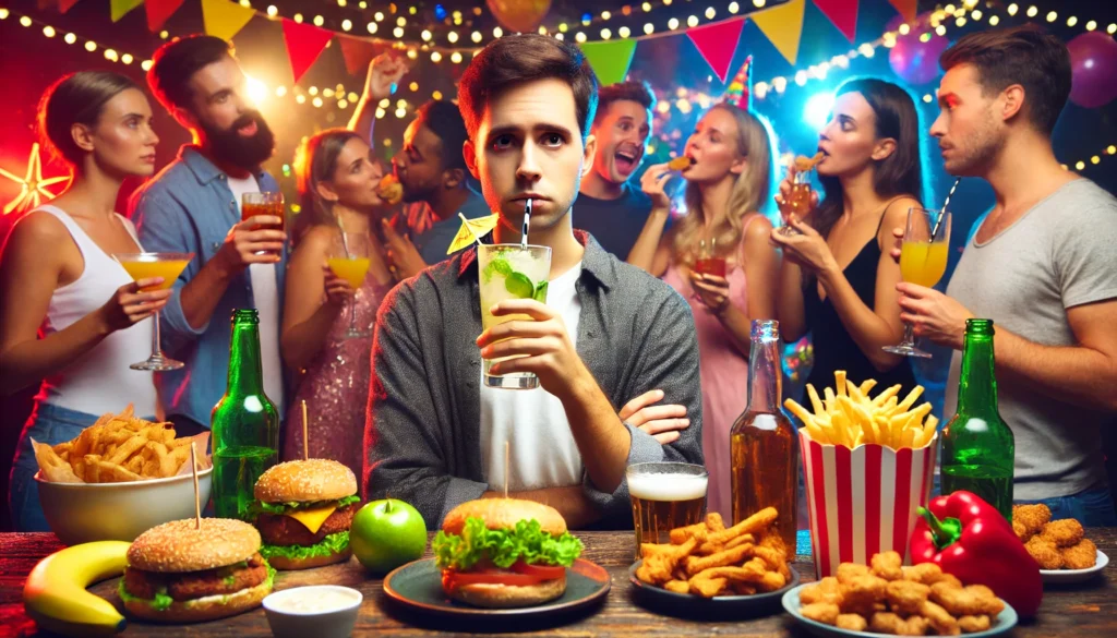 A person at a social gathering holding a cocktail, surrounded by others drinking alcohol and eating fried foods. Their conflicted expression highlights the challenge of resisting temptations that can derail a detox