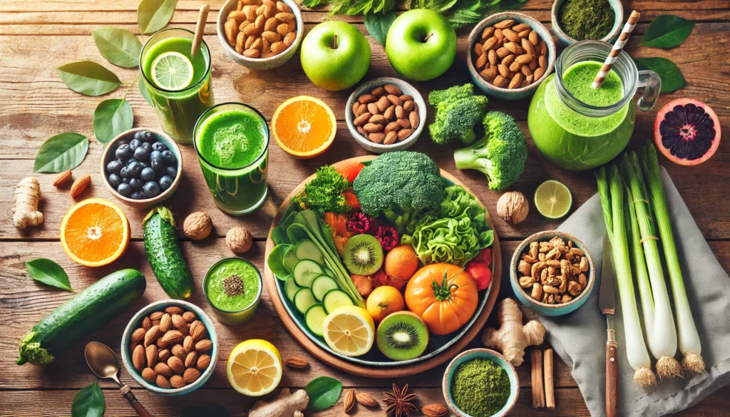 Top-down view of a detox cleanse meal plan featuring fresh fruits, vegetables, herbal teas, green smoothies, citrus-infused water, and detoxifying ingredients like ginger, turmeric, and lemon, arranged on a wooden table in soft, natural lighting
